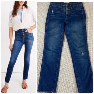 Madewell 10” High Rise Skinny Blue Jeans stretch Size 23 Button Fly Distressed